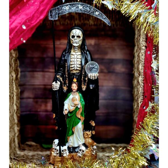 Santa Muerte Statue & San Judas Tadeo Statue Black Grim Reaper 14 Inch